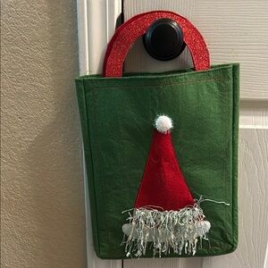 Santa hat gift bag green felt holiday bag with Pom Pom and Fringe on hat